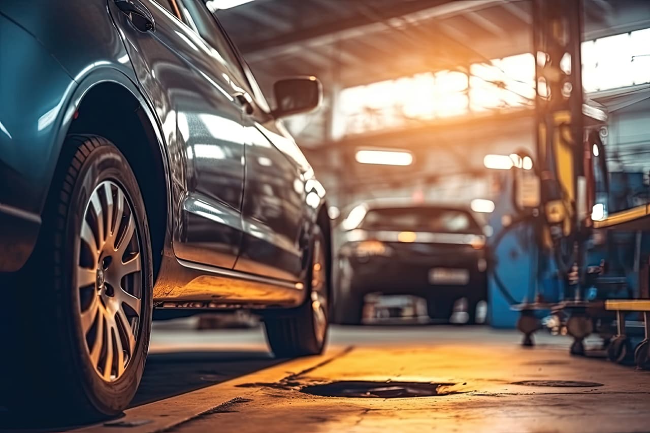 自動車整備工場で修理する車